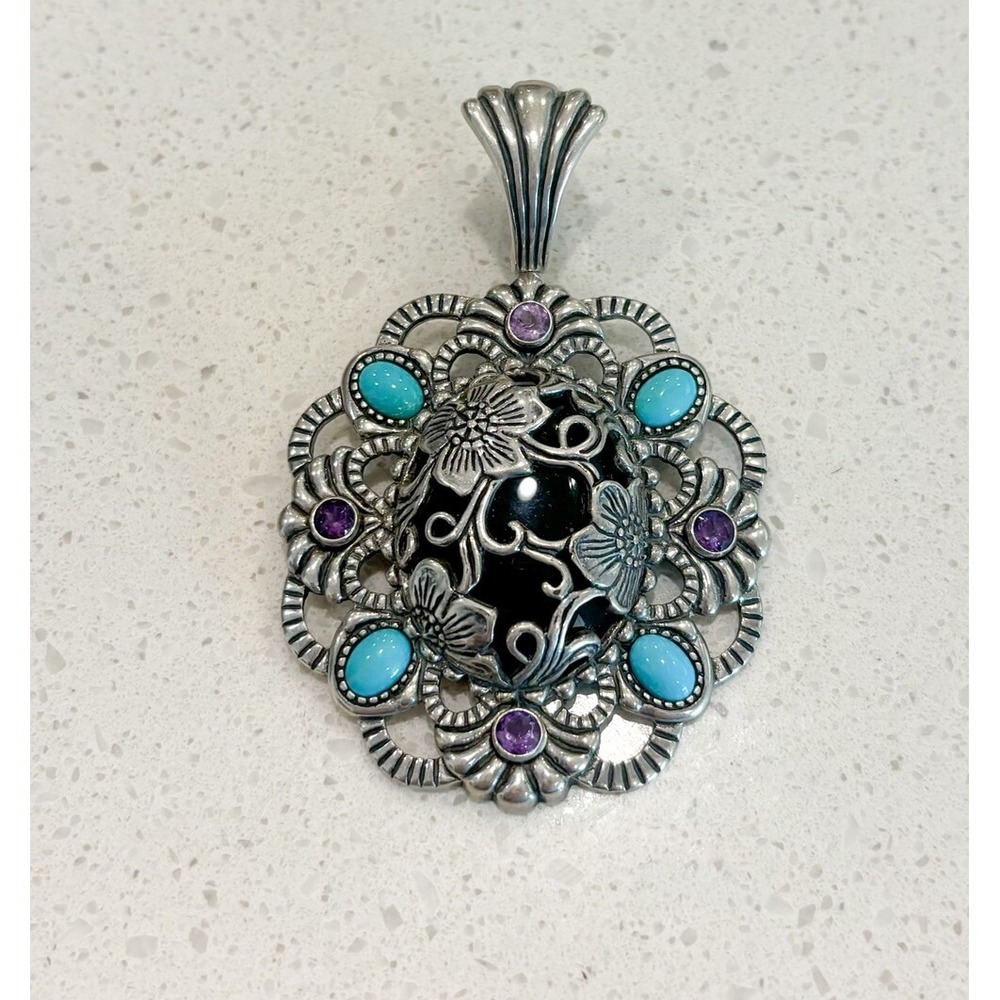 Rare‎ Carolyn Pollack Sterling Sunflower Black Onyx Turquoise Amethyst Pendant